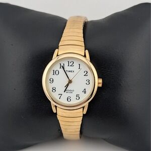 Timex Indiglo Gold Tone White‎ Dial Stretch Band Watch 25mm Quartz